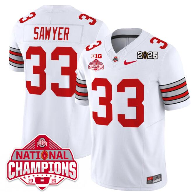 Men's Ohio State Buckeyes #33 Jack Sawyer White 2025 CFP Final With National Champions Patch F.U.S.E. Vapor Limited Stitched Football Jersey Men's Ohio State Buckeyes #33 Jack Sawyer White 2025 CFP Final With National Champions Patch F.U.S.E. Vapor Limited Stitched Football Jersey